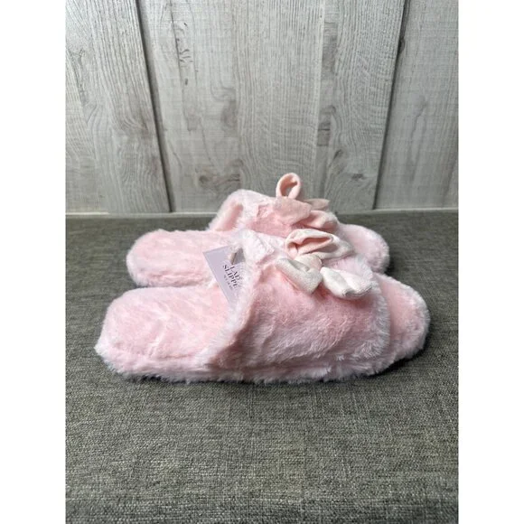 Womens Fuzzy Open Toe Pink Slippers Bow Trim Non-Slip Sole Size M 8-10 - Picture 2 of 7